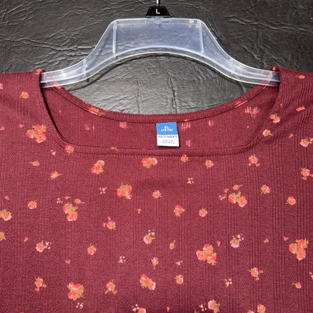 Old Navy Girls Rib Knit Shirt Top Pullover Square Neck Floral Burgundy Stretch